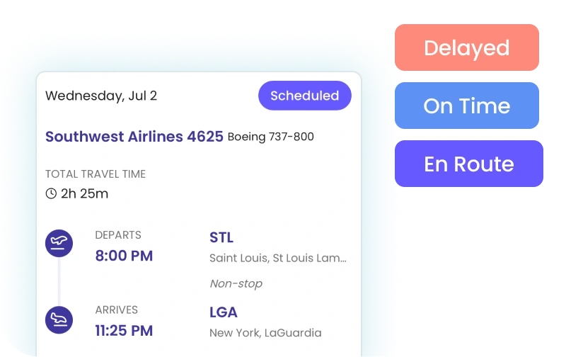Ellipsis feature showing a user adding a flight by searching airline and flight number, with real-time status and automatic itinerary updates