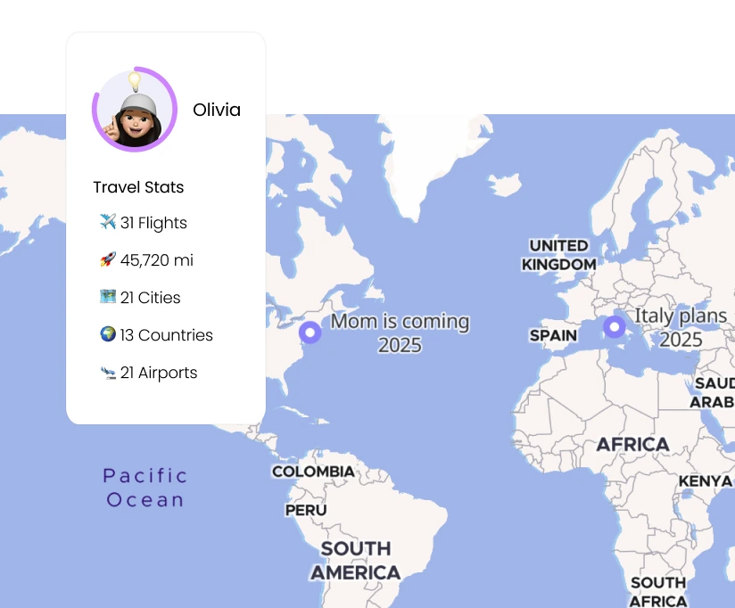 Visual social travel profile displaying collected travel data, including total flights taken, miles traveled, and number of cities, countries, and airports visited