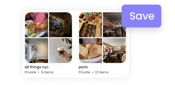 Ellipsis Collections feature showing saved travel spots organized into personalized lists by category and name, similar to Google Maps lists