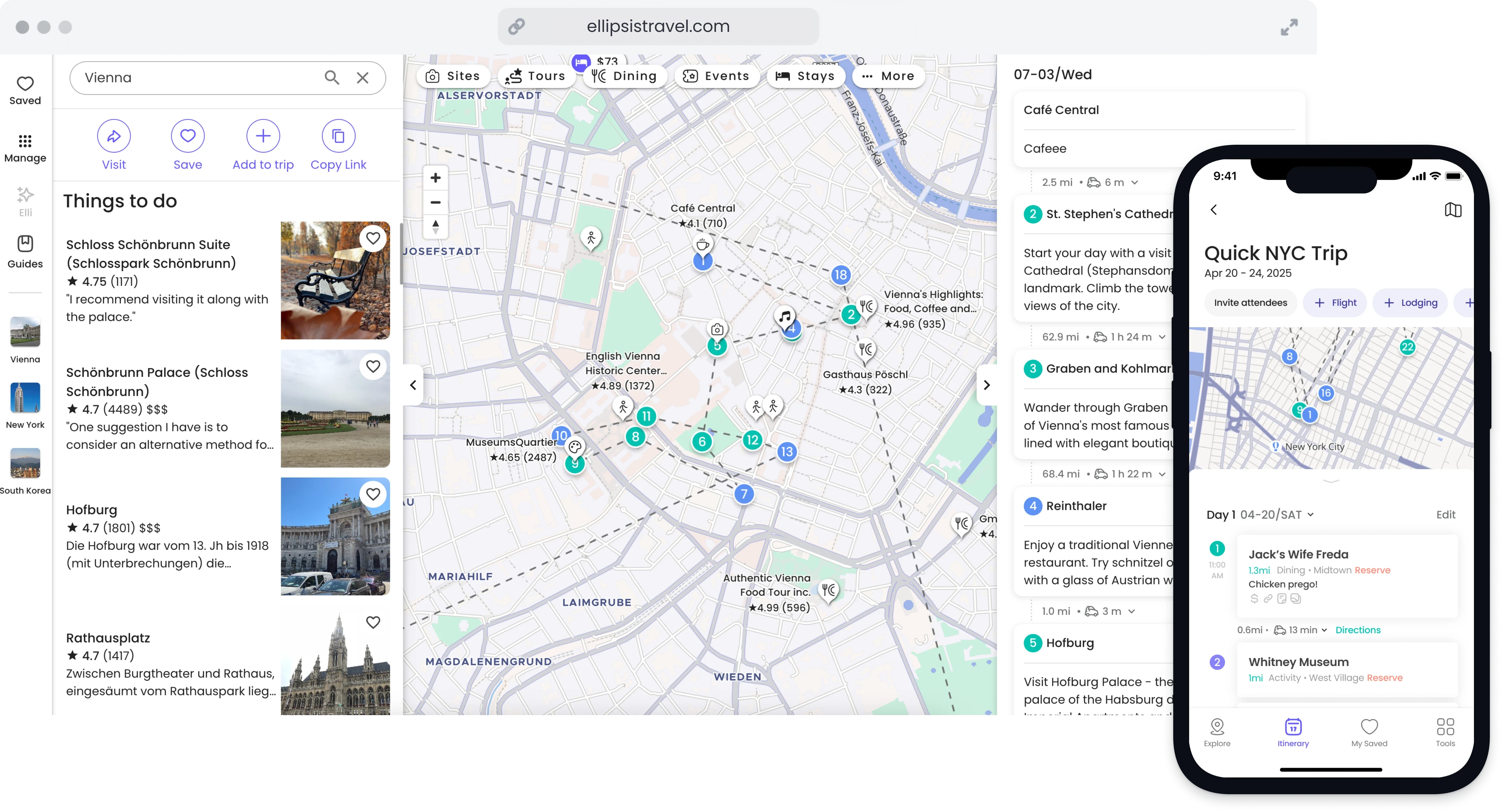 Ellipsis travel itinerary shown on both web and mobile — flights, stays, activities, and saved places displayed on a shared interactive map