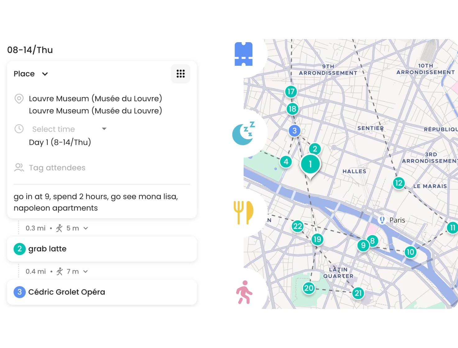 Flights, hotels, tours, and events displayed on a single interactive map, showing how all trip details connect geographically