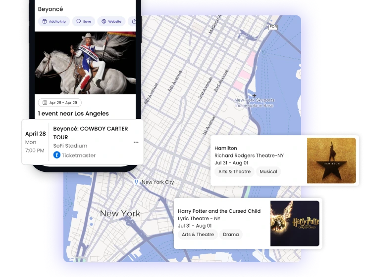 Ellipsis map view showing live events like a Beyoncé concert alongside the user's trip itinerary, helping travelers see what’s happening nearby during their trip