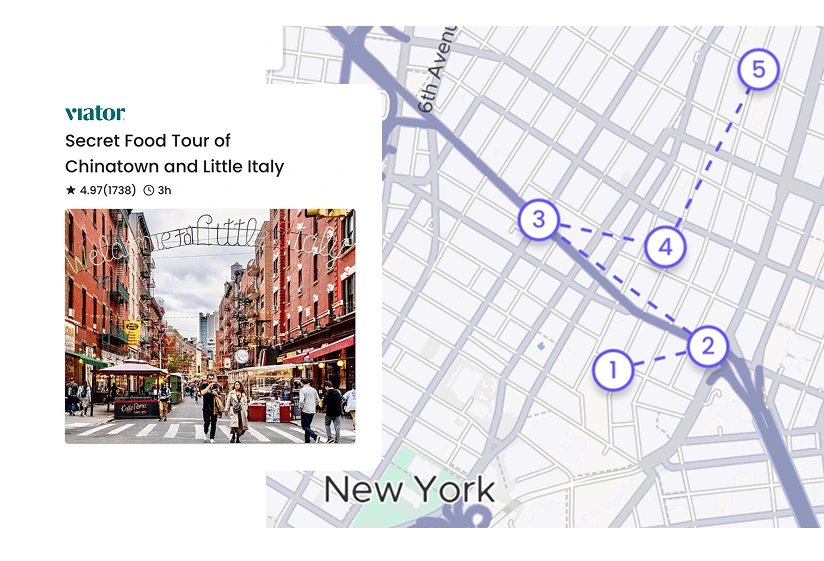 Map view displaying Viator tours with all their stops marked, allowing travelers to compare tour routes with their own itinerary